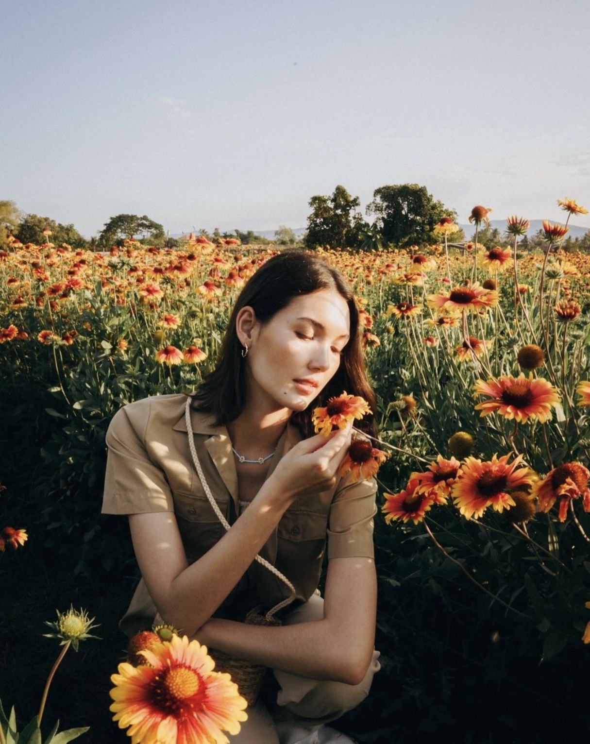 Esther Chipman in a golden field of flowers at sunset